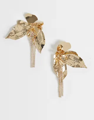 ASOS DESIGN Statement petal drop earring with diamante detail in gold tone