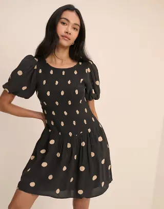 Nobody's Child Landy puff sleeve shirred bodice mini dress in oversized black polka dot print