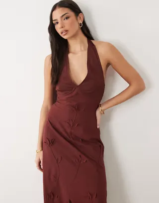 ASOS DESIGN halter neck midi sundress with chiffon sculpted bust detail in chocolate