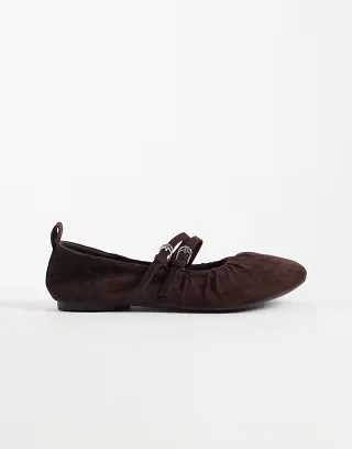 London Rebel Mia faux suede strappy ruched ballet flats in chocolate