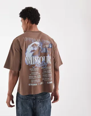 ASOS DESIGN boxy oversized T-shirt with Missouri graphic in brown wash
