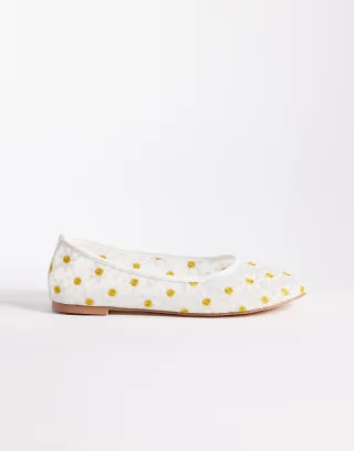 Public Desire Wide Fit Dainty mesh ballet flats with daisy embroidered
