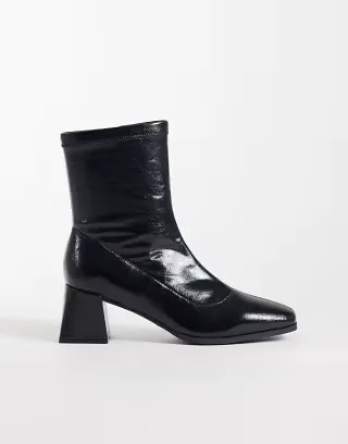 London Rebel Wide Fit Tabitha block heeled knee boots in black