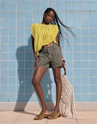 ASOS DESIGN gathered padded asymmetric drape front top in olive