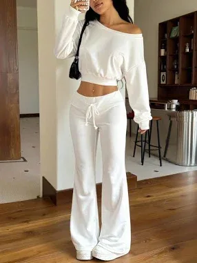 SHEIN White Asymmetric Neck Two-Piece Set Women's Outfits Sets Tracksuits Loose Fit Drop Shoulder Sweatshirt Flare Sweat
