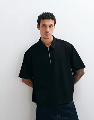 ASOS DESIGN boxy oversized 1/4 zip shirt in black