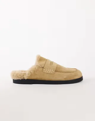Topshop Addie real suede mule loafer with shearling in sand