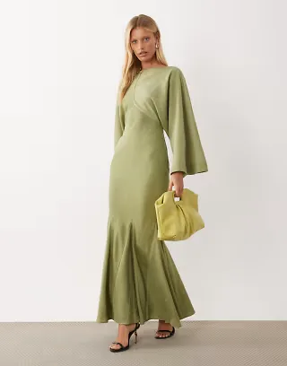 ASOS DESIGN cape kimono sleeve maxi dress with godets and tassel tie detail in sage green