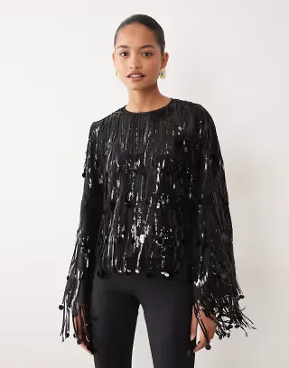 Sister Jane sequin fringe tie back detail top in black
