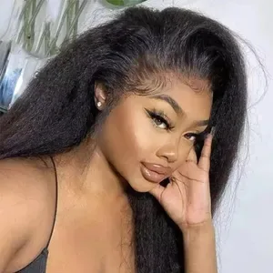 Kinky Straight 13x4 Lace Front Human Hair Wigs - 30 & 34 Inch Brazilian Bone Colored Yaki Straight with Transparent Lace