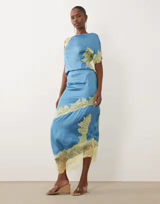Never Fully Dressed Millie satin high rise asymmetric hem lace detail maxi skirt in blue - part of a set