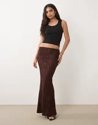 ASOS DESIGN burnout maxi skirt with overwrap detail in chocolate