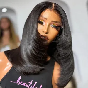 Human Hair Wig for Women, Black Layered Short Bob Cut, Straight 360 HD Full Lace, Glueless 13x6 Frontal, 400% Density, O