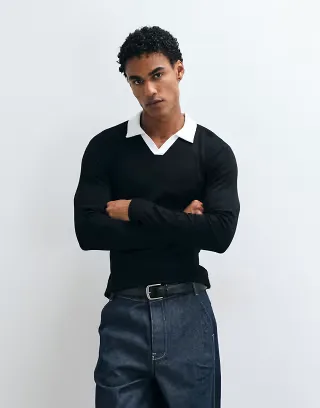 ASOS DESIGN muscle fit long sleeve polo with contrast collar in black rib