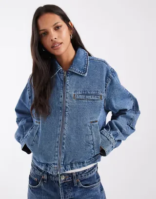 Noisy May boxy zip up denim jacket in vintage mid blue
