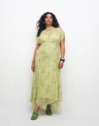 ASOS DESIGN Curve high neck hanky hem chiffon maxi dress in lime floral