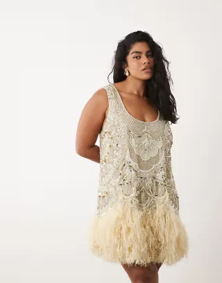 ASOS LUXE Curve embellished scoop neck mini dress with faux feather hem in pale yellow