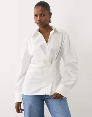 ASOS DESIGN cinched wrap cocoon sleeve shirt in white