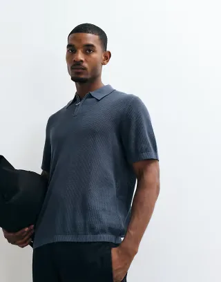 ASOS DESIGN relaxed knit pointelle half zip polo in blue