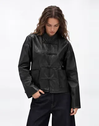 Noisy May mandarin collar faux leather jacket in black