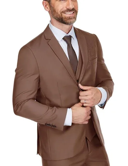 Braveman Men's 3-Piece Premium Vested 3-Piece Slim Fit Suit - Brown