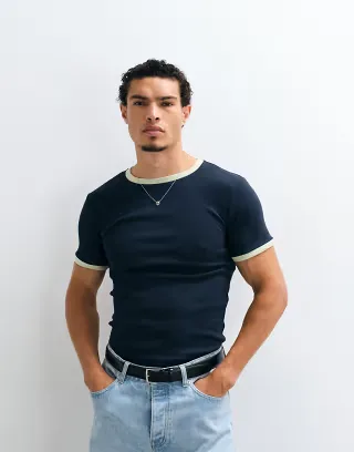 ASOS DESIGN muscle fit T-shirt with ringer detailing in navy and green rib