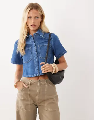 ASOS DESIGN denim cropped shirt in mid blue