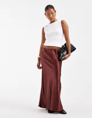 ASOS DESIGN Petite satin bias maxi skirt in chocolate