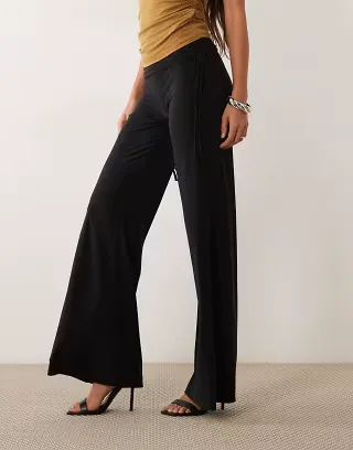 ASOS DESIGN slinky ruched side wide trouser set in black