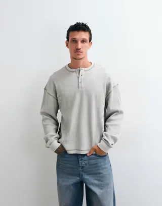ASOS DESIGN heavyweight boxy oversized long sleeve henley T-shirt in cream waffle