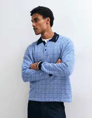 Alma De Ace 100% cotton Kimpton long sleeve polo shirt in blue check