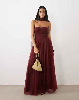 Lace & Beads tulle bandeau scarf neck corset maxi dress in burgundy