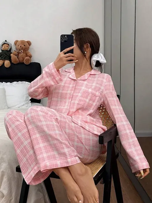 Shein |Pink Plaid Lapel Collar Top & Pants Pajama Set Women's