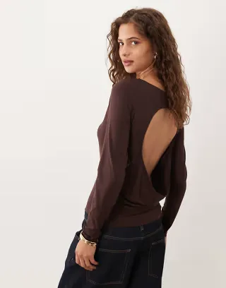 ASOS DESIGN open back long sleeve T-shirt in brown