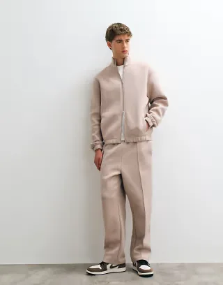 ASOS DESIGN relaxed zip up sweatshirt and sweatpants set in scuba-style fabric in brown