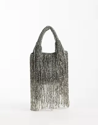 ASOS DESIGN embellished tassel clutch in silver