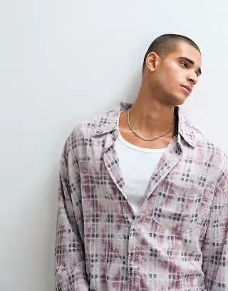 Liquor N Poker long sleeve button up shirt in pink plaid