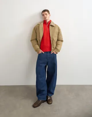 Topman oversized fit nylon bomber with shearling collar in stone