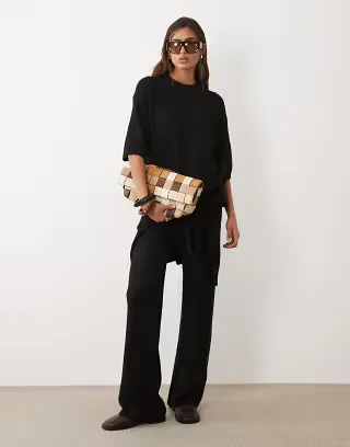 ASOS DESIGN crew neck T-shirt & wide leg pants with wool set in black