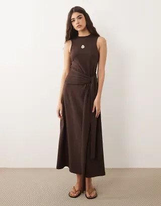 ASOS DESIGN sleeveless midi dress with tie waist in chocolate