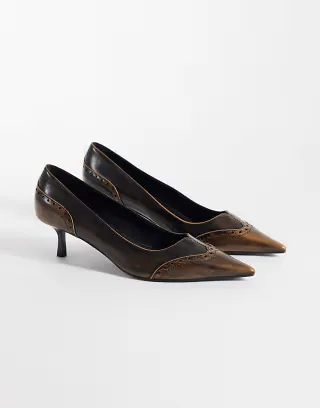ASOS DESIGN Shirley brogue detailed kitten heeled shoes in brown burnish