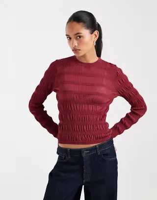 ASOS DESIGN shirred fine knit long sleeve top in burgundy