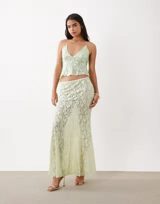 ASOS DESIGN foil lace sheer maxi skirt in mint