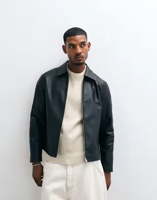 ONLY & SONS faux leather zip up jacket in black