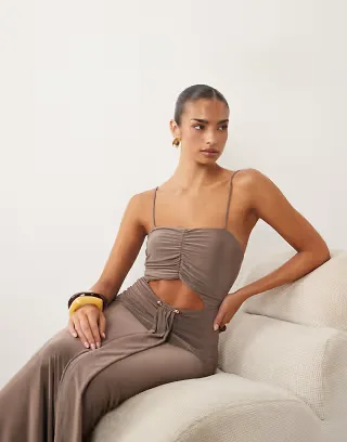 ASOS DESIGN slinky ruched maxi dress with cut out and trim in moonrock