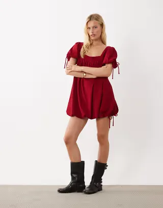 ASOS DESIGN corduroy square neck bubble mini dress in red