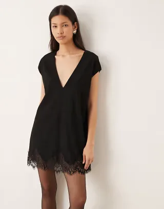 ASOS DESIGN corduroy v-neck lace trim mini shift dress in black
