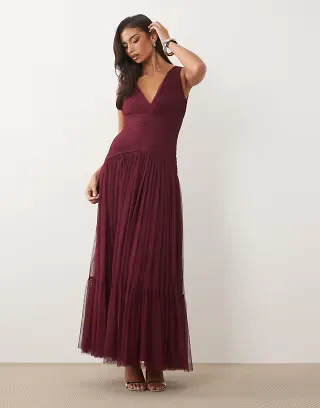 Lace & Beads Bridesmaid tulle sleeveless dropped waist tiered hem maxi dress in fig