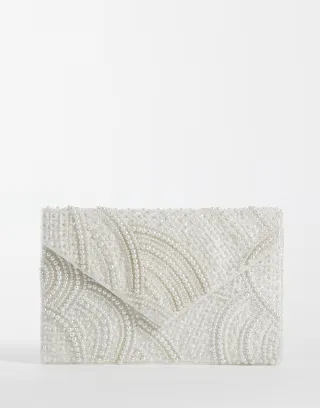 True Decadence pearl detail envelope clutch bag in off white