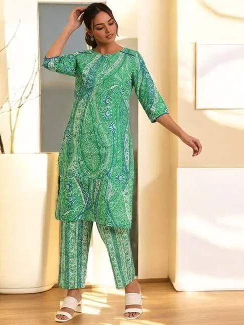 W Women Green Suit Set | Printed, Round Neck, Three-Quarter Sleeves, Pants | Tatacliq